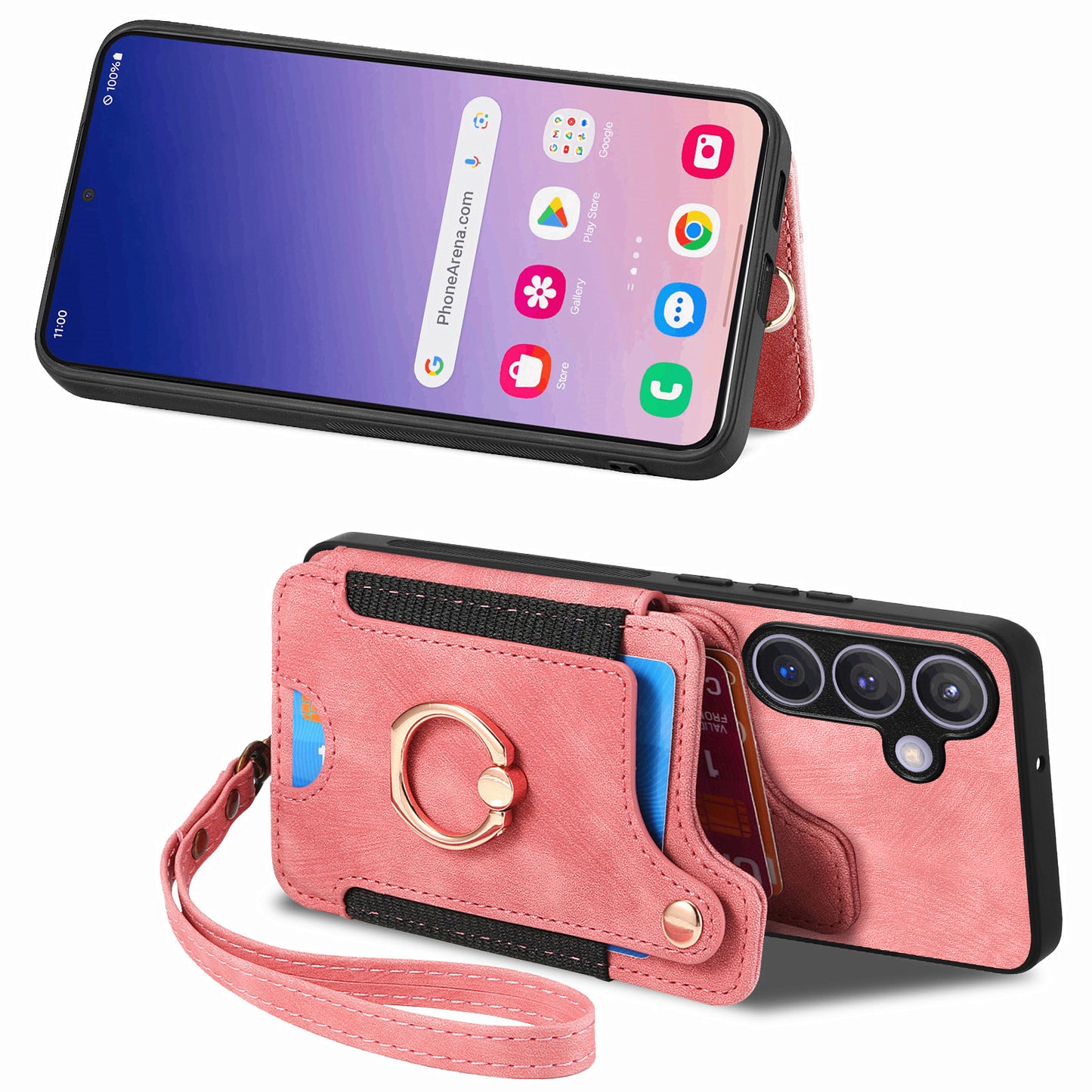 D4 For Samsung Galaxy S24 Vintage Phone Case Card Slots Kickstand Cover RFID Blocking - Pink