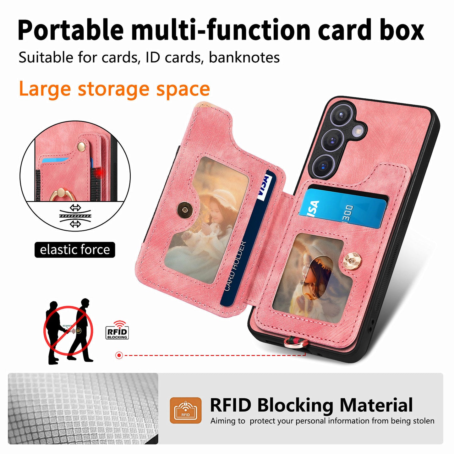 D4 For Samsung Galaxy S24 Vintage Phone Case Card Slots Kickstand Cover RFID Blocking - Pink