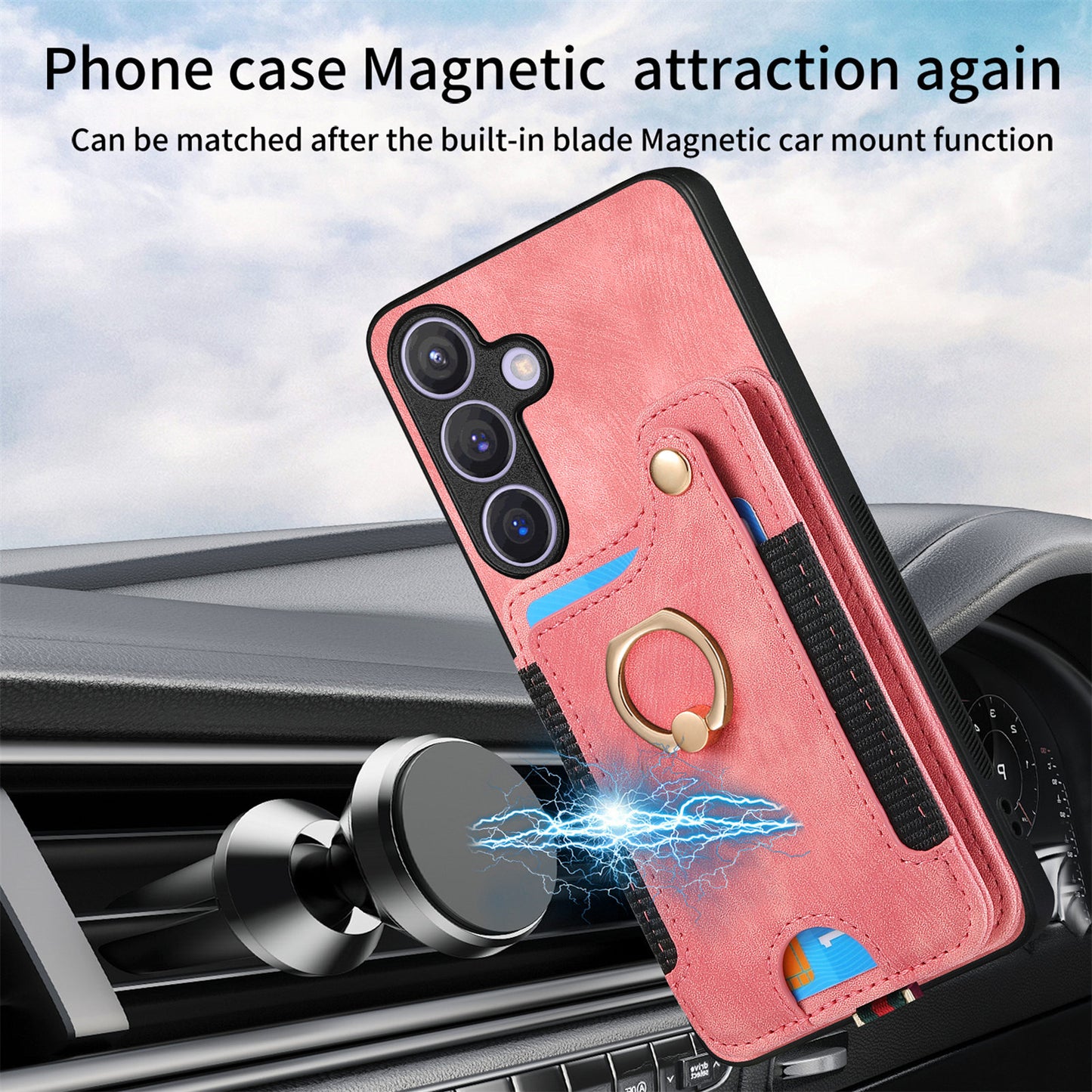 D4 For Samsung Galaxy S24 Vintage Phone Case Card Slots Kickstand Cover RFID Blocking - Pink