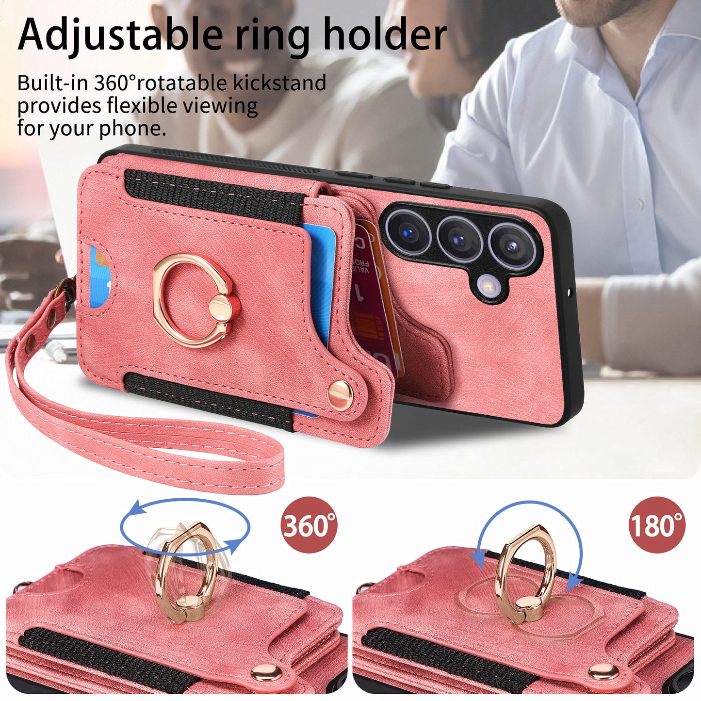 D4 For Samsung Galaxy S24 Vintage Phone Case Card Slots Kickstand Cover RFID Blocking - Pink