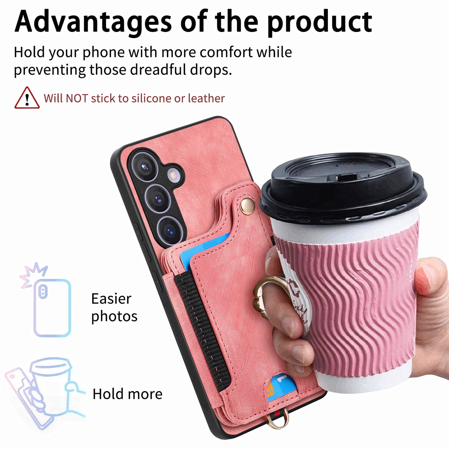 D4 For Samsung Galaxy S24 Vintage Phone Case Card Slots Kickstand Cover RFID Blocking - Pink