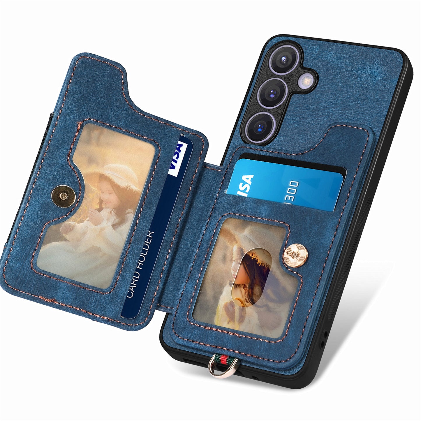D4 For Samsung Galaxy S24 Vintage Phone Case Card Slots Kickstand Cover RFID Blocking - Blue