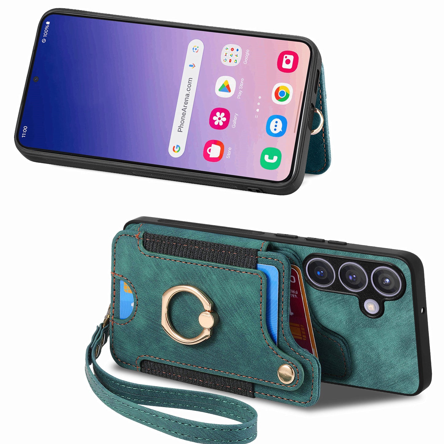 D4 For Samsung Galaxy S24 Vintage Phone Case Card Slots Kickstand Cover RFID Blocking - Green