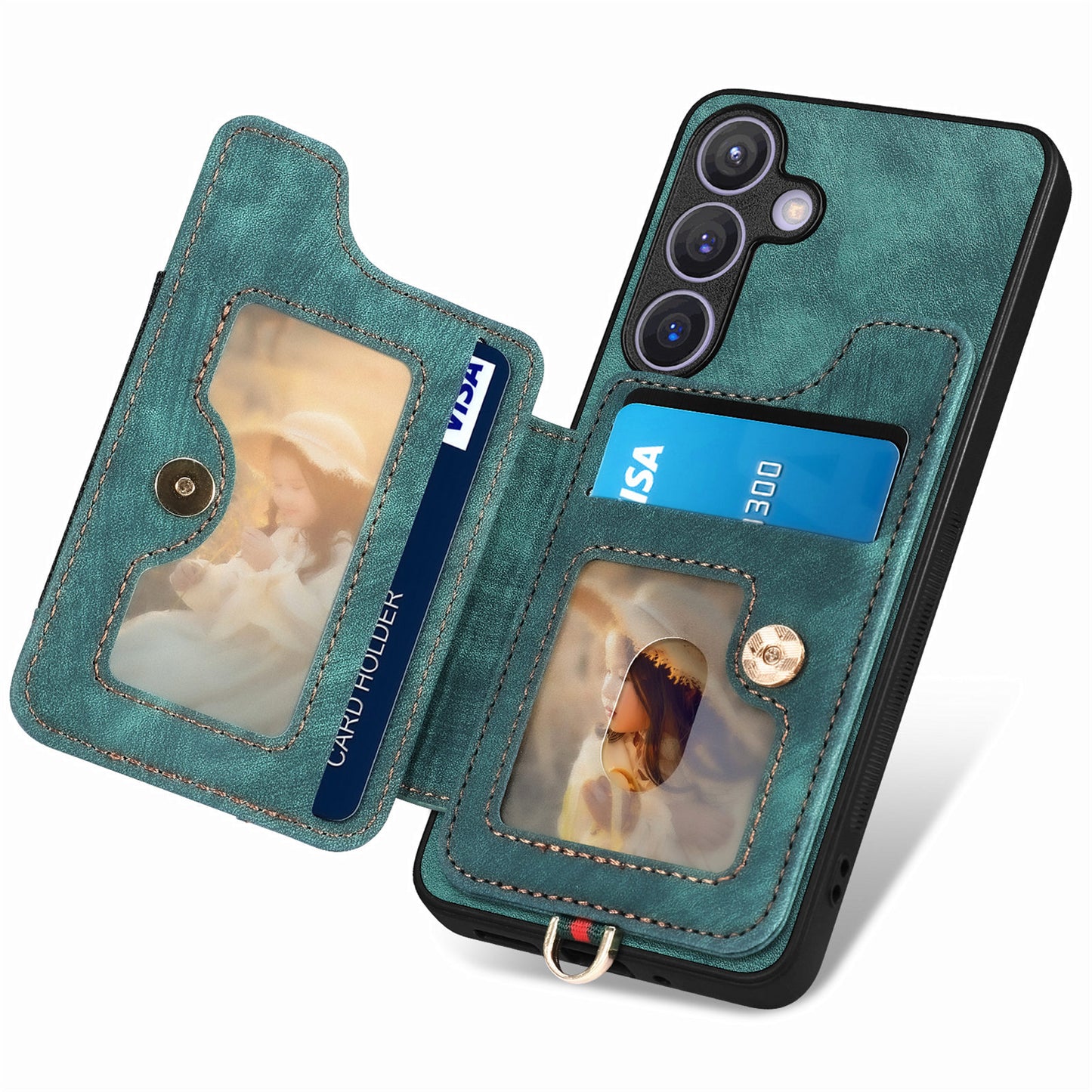 D4 For Samsung Galaxy S24 Vintage Phone Case Card Slots Kickstand Cover RFID Blocking - Green