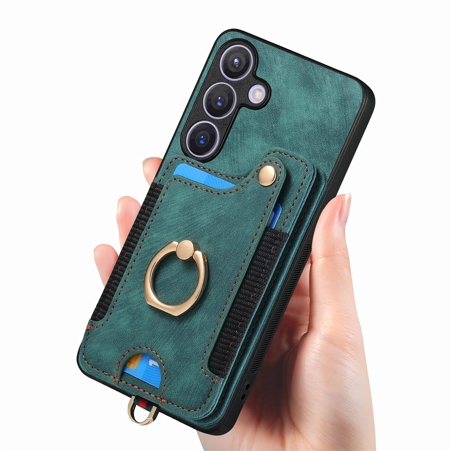 D4 For Samsung Galaxy S24 Vintage Phone Case Card Slots Kickstand Cover RFID Blocking - Green