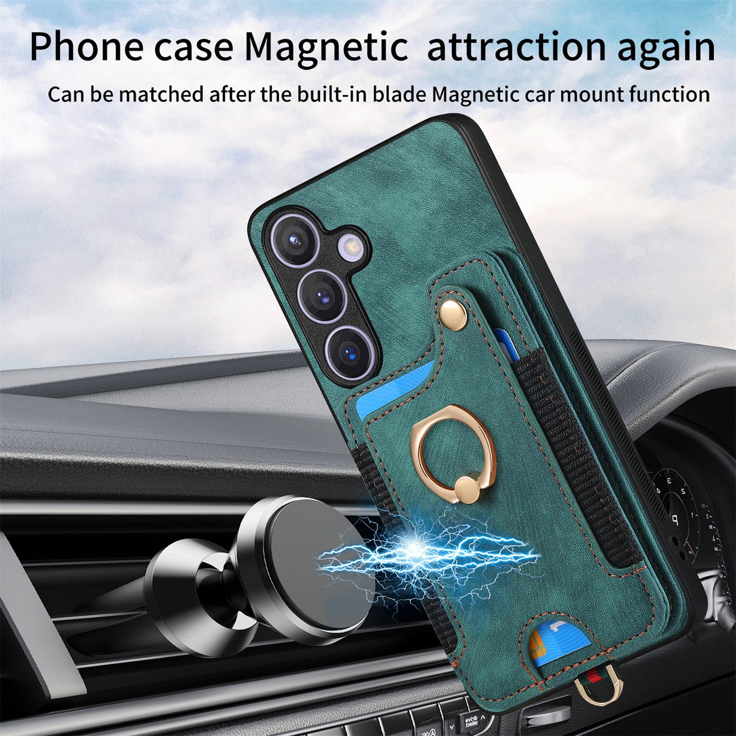 D4 For Samsung Galaxy S24 Vintage Phone Case Card Slots Kickstand Cover RFID Blocking - Green