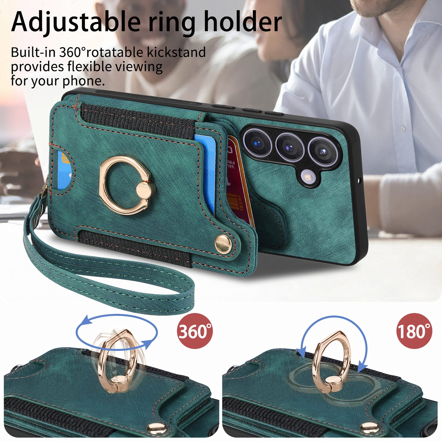 D4 For Samsung Galaxy S24 Vintage Phone Case Card Slots Kickstand Cover RFID Blocking - Green