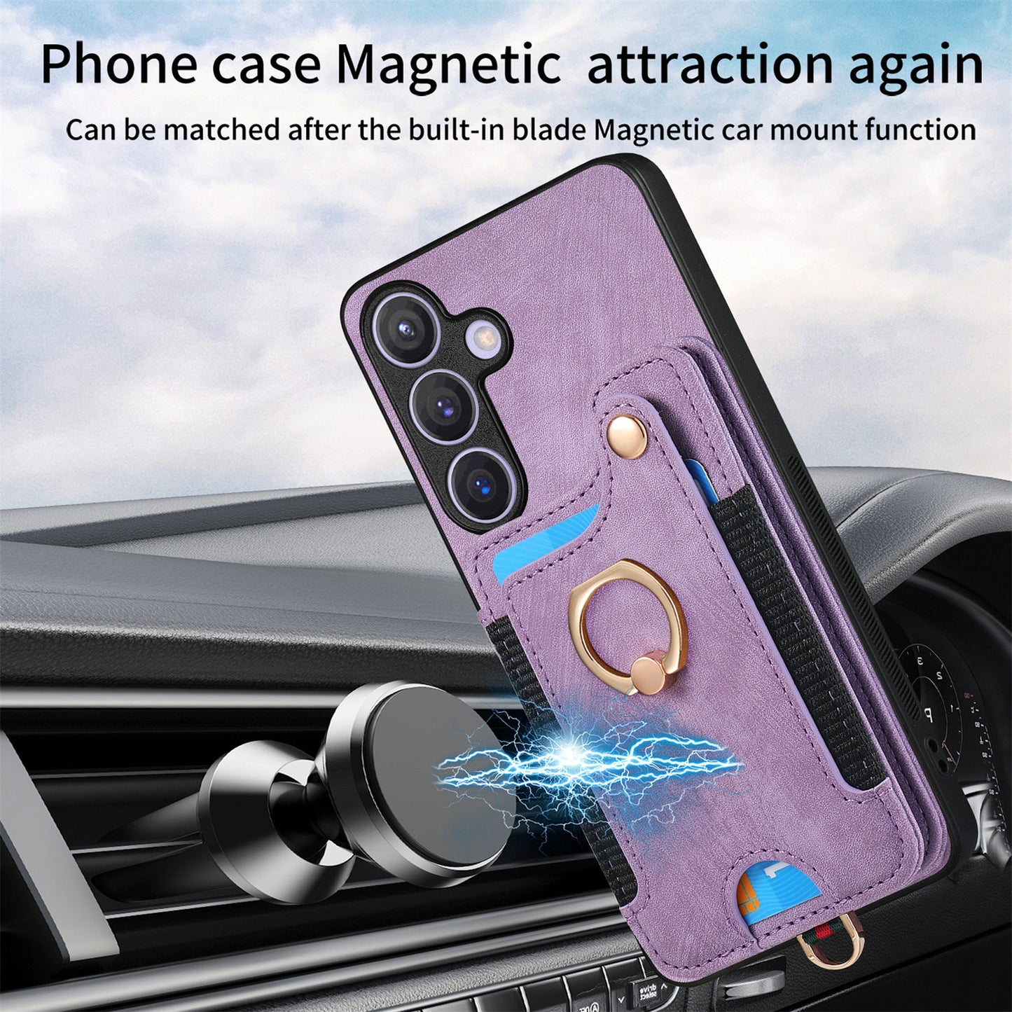D4 For Samsung Galaxy S24 Vintage Phone Case Card Slots Kickstand Cover RFID Blocking - Purple