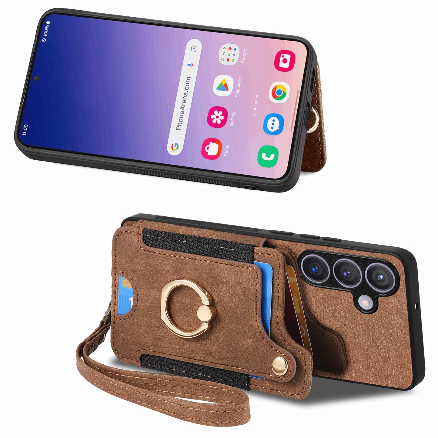 D4 For Samsung Galaxy S24 Vintage Phone Case Card Slots Kickstand Cover RFID Blocking - Brown