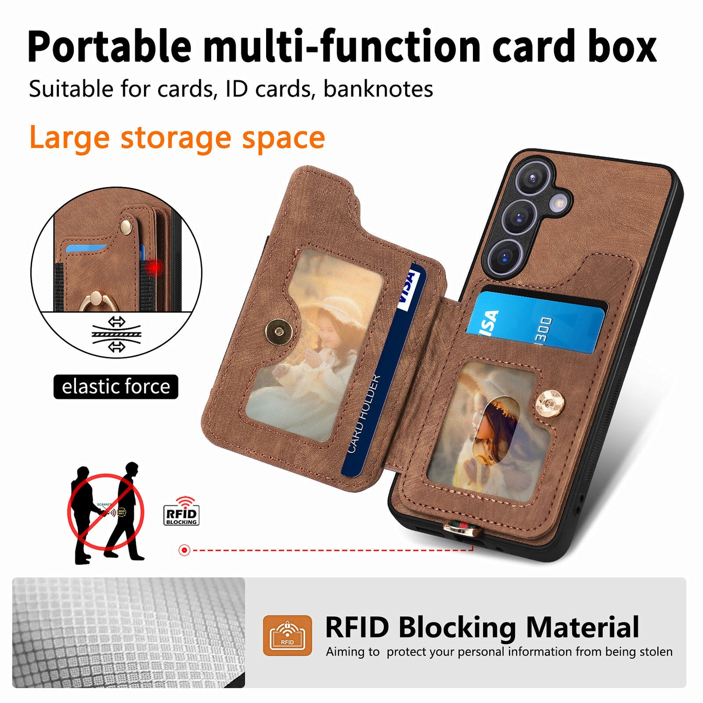 D4 For Samsung Galaxy S24 Vintage Phone Case Card Slots Kickstand Cover RFID Blocking - Brown