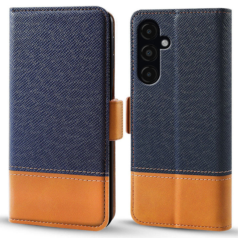 For Samsung Galaxy S24+ Cell Phone Stand Case PU Leather Cover Color Splicing Wallet - Blue