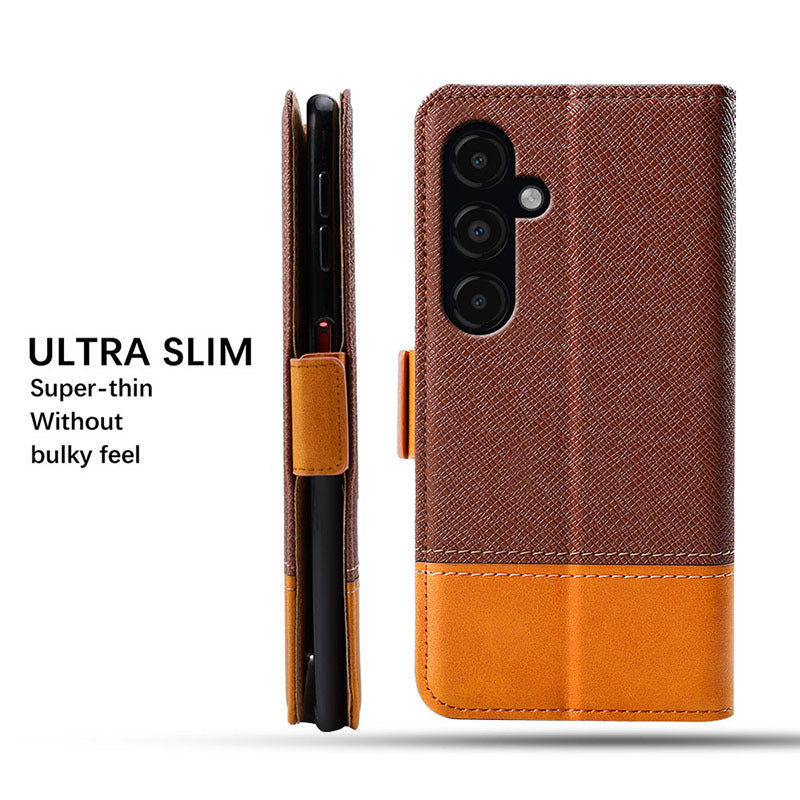 For Samsung Galaxy S24 PU Leather Phone Cover Color Splicing Wallet Stand Anti-drop Phone Case - Brown