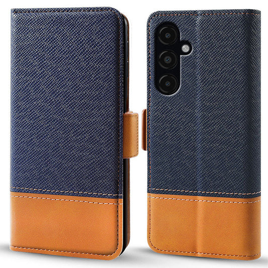 For Samsung Galaxy S24 PU Leather Phone Cover Color Splicing Wallet Stand Anti-drop Phone Case - Blue