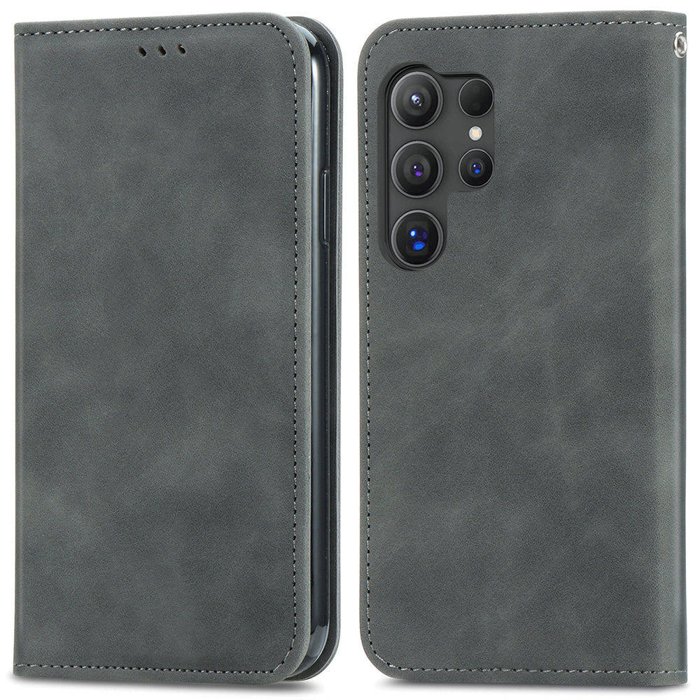 Phone Stand Case for Samsung Galaxy S24 Ultra Card Slots Skin-touch PU Leather Phone Cover - Grey