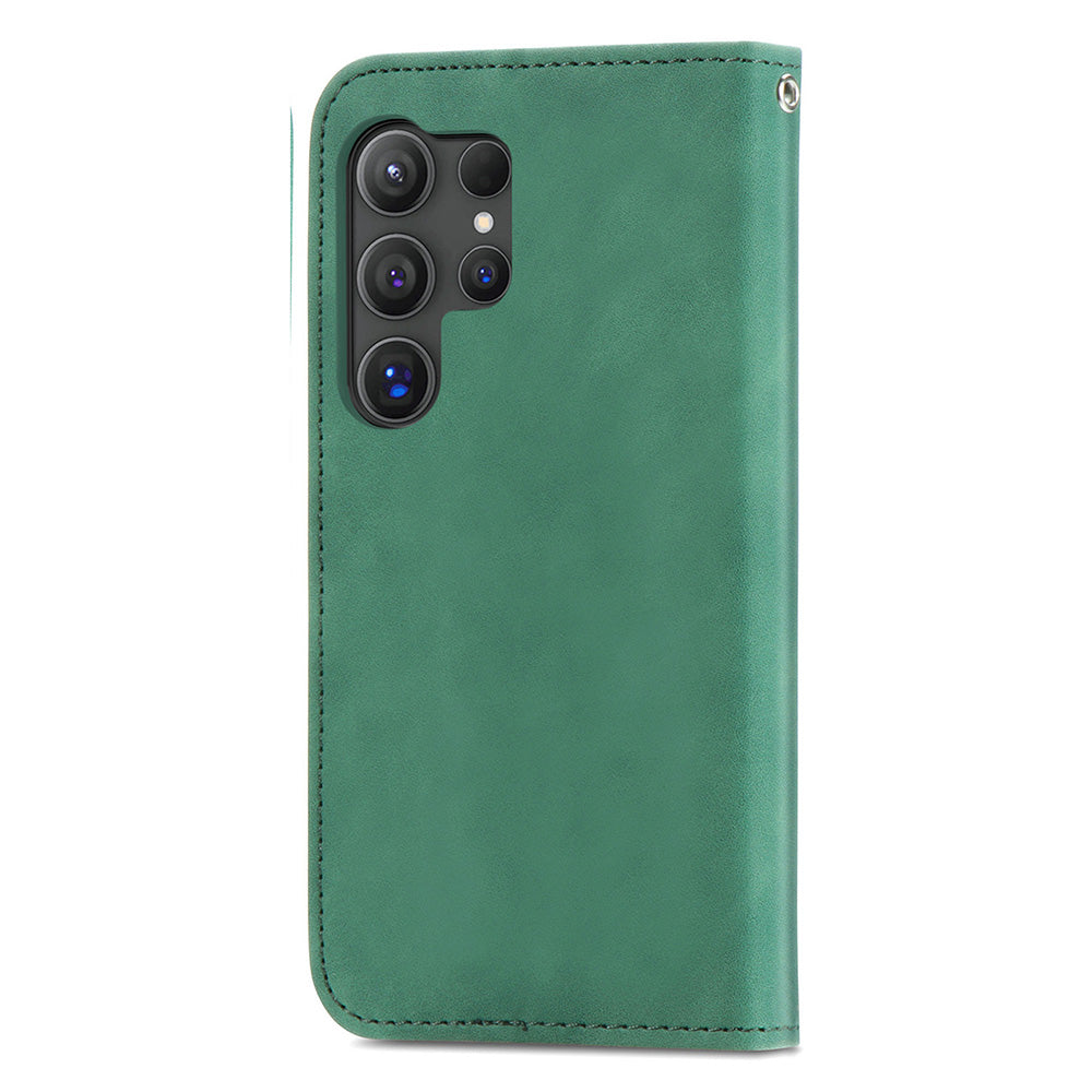 Phone Stand Case for Samsung Galaxy S24 Ultra Card Slots Skin-touch PU Leather Phone Cover - Green
