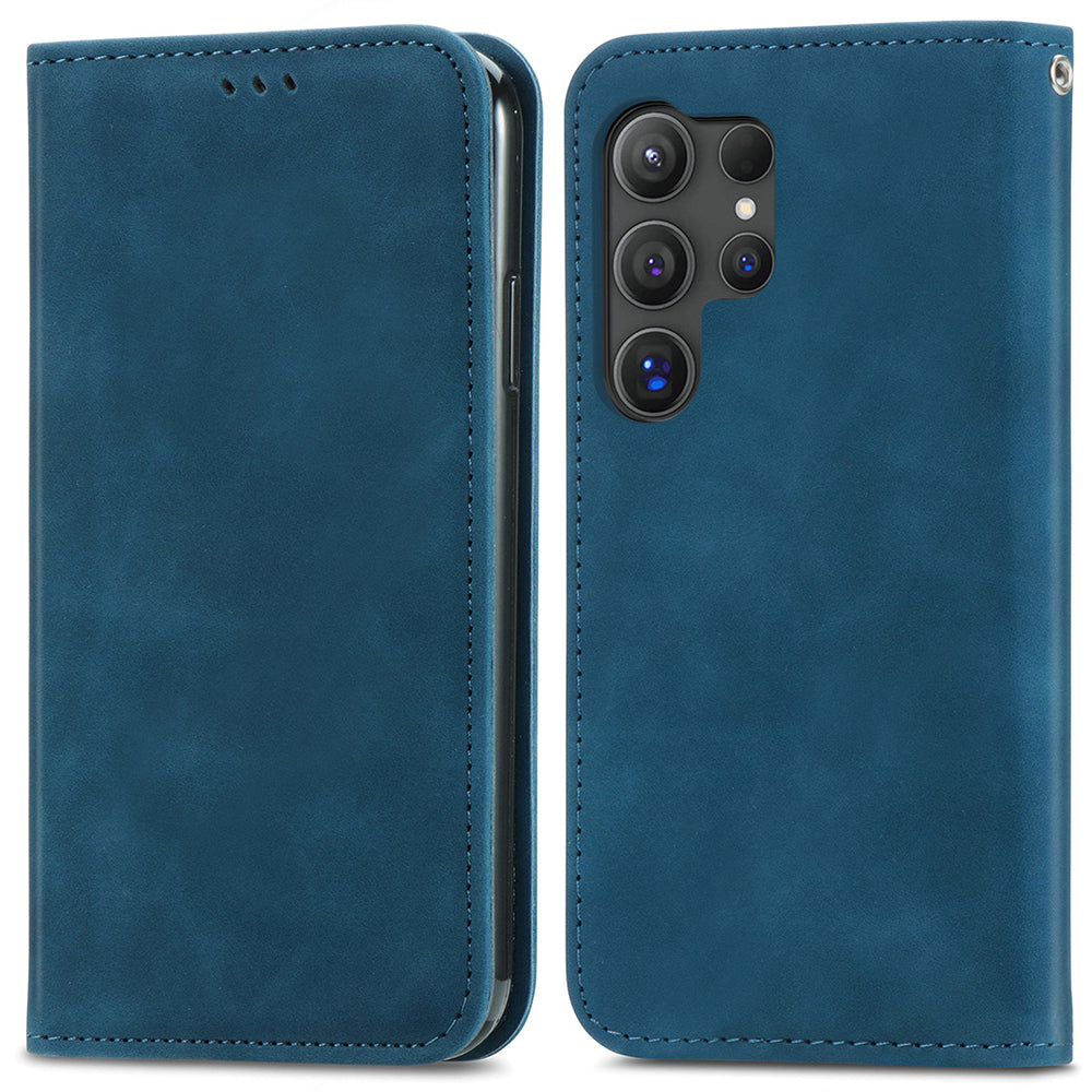 Phone Stand Case for Samsung Galaxy S24 Ultra Card Slots Skin-touch PU Leather Phone Cover - Dark Blue