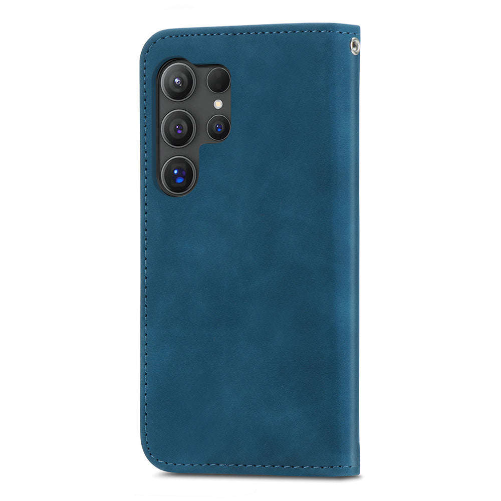 Phone Stand Case for Samsung Galaxy S24 Ultra Card Slots Skin-touch PU Leather Phone Cover - Dark Blue