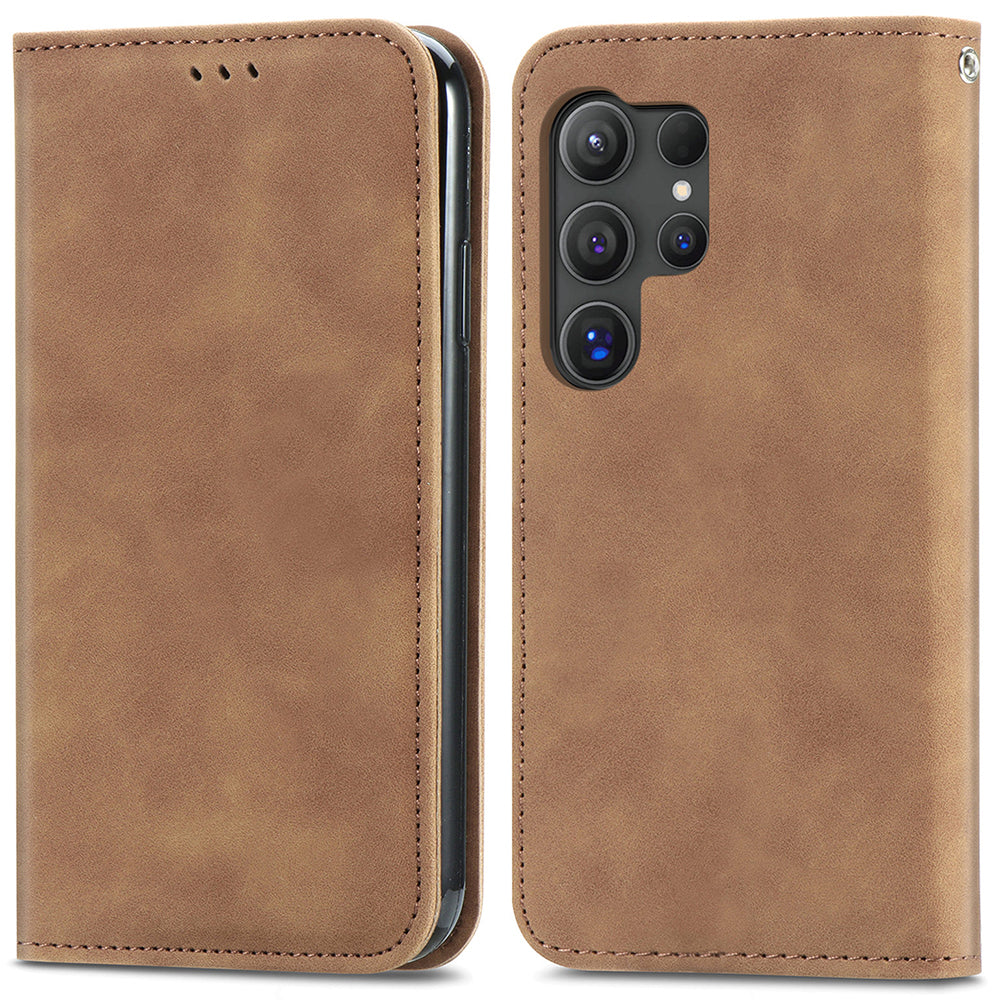 Phone Stand Case for Samsung Galaxy S24 Ultra Card Slots Skin-touch PU Leather Phone Cover - Brown