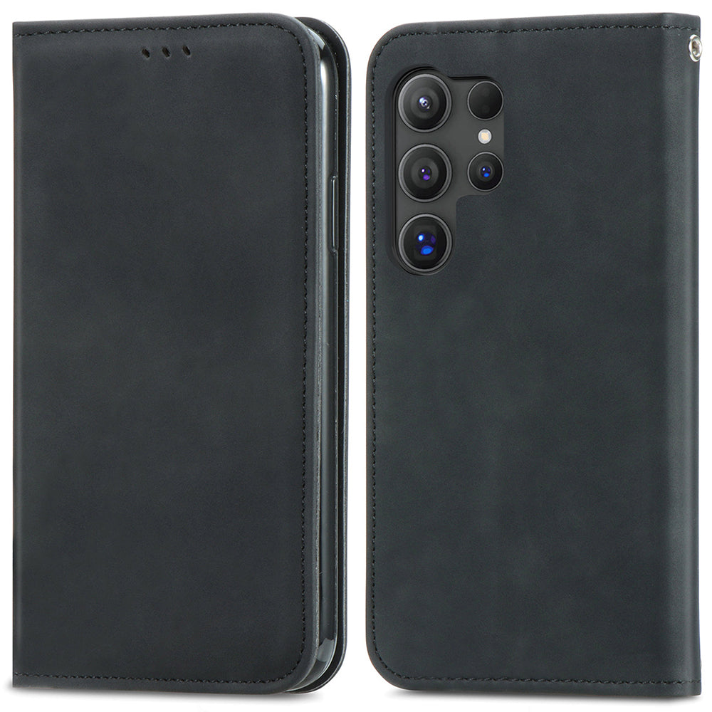 Phone Stand Case for Samsung Galaxy S24 Ultra Card Slots Skin-touch PU Leather Phone Cover - Black