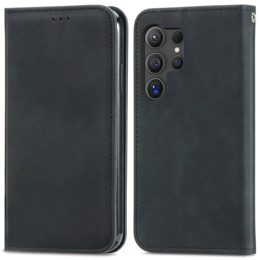 Phone Stand Case for Samsung Galaxy S24 Ultra Card Slots Skin-touch PU Leather Phone Cover - Black