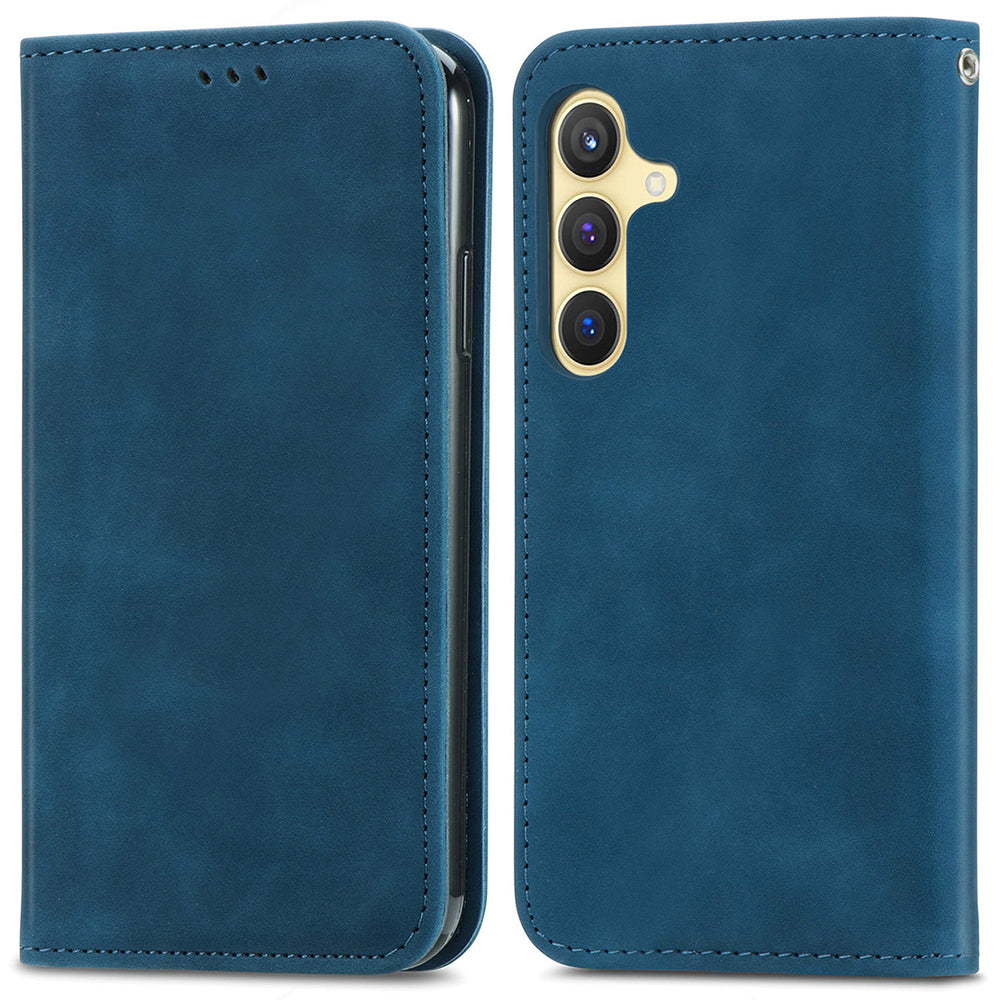 For Samsung Galaxy S24 Cases Magnetic Absorption Card Slots PU Leather Phone Stand Cover - Dark Blue