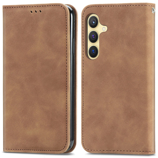 For Samsung Galaxy S24 Cases Magnetic Absorption Card Slots PU Leather Phone Stand Cover - Brown