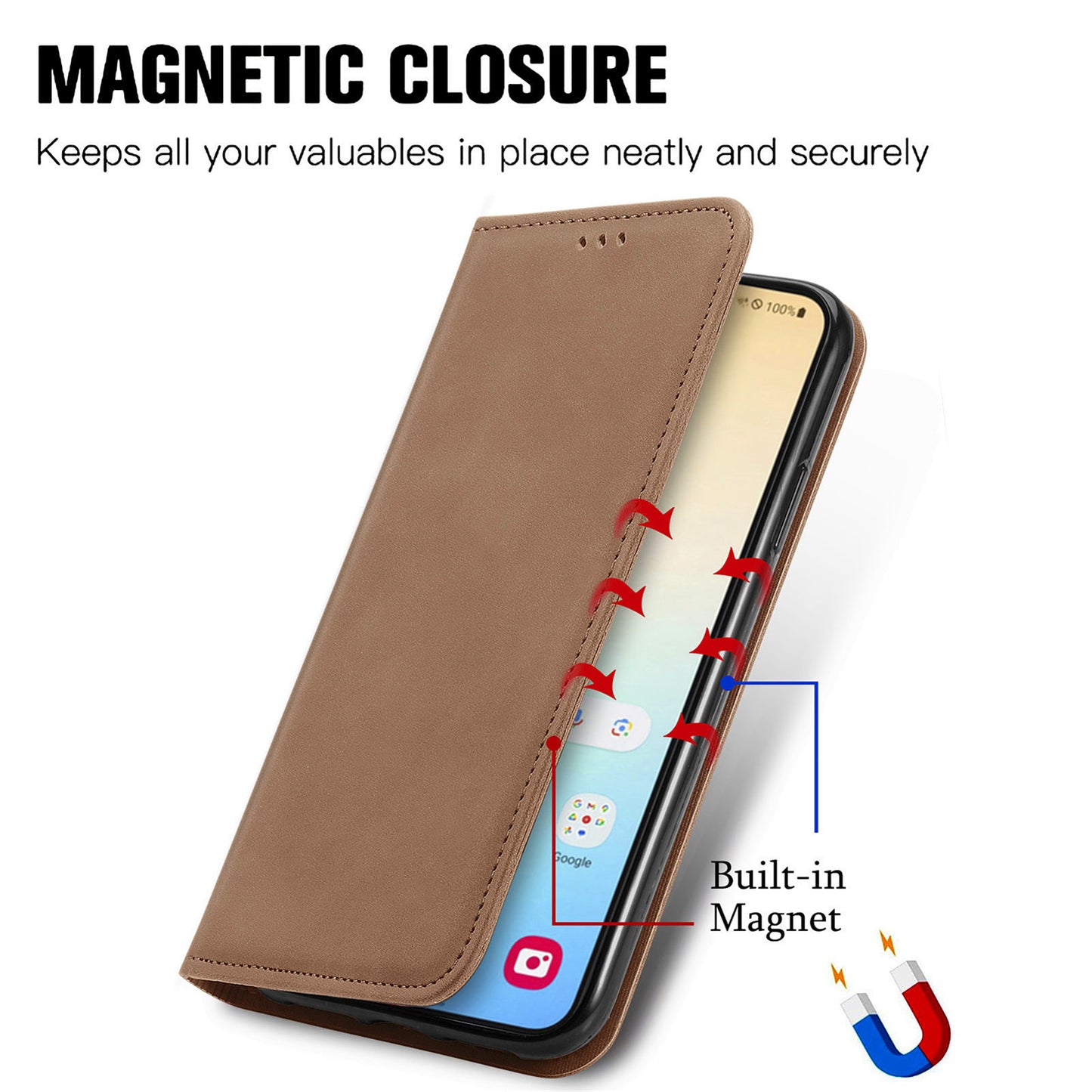 For Samsung Galaxy S24 Cases Magnetic Absorption Card Slots PU Leather Phone Stand Cover - Brown
