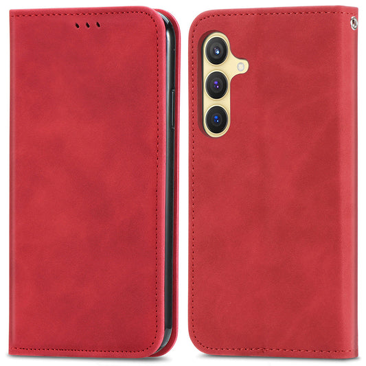 For Samsung Galaxy S24 Cases Magnetic Absorption Card Slots PU Leather Phone Stand Cover - Red