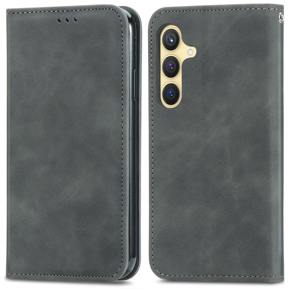 For Samsung Galaxy S24 Cases Magnetic Absorption Card Slots PU Leather Phone Stand Cover - Grey