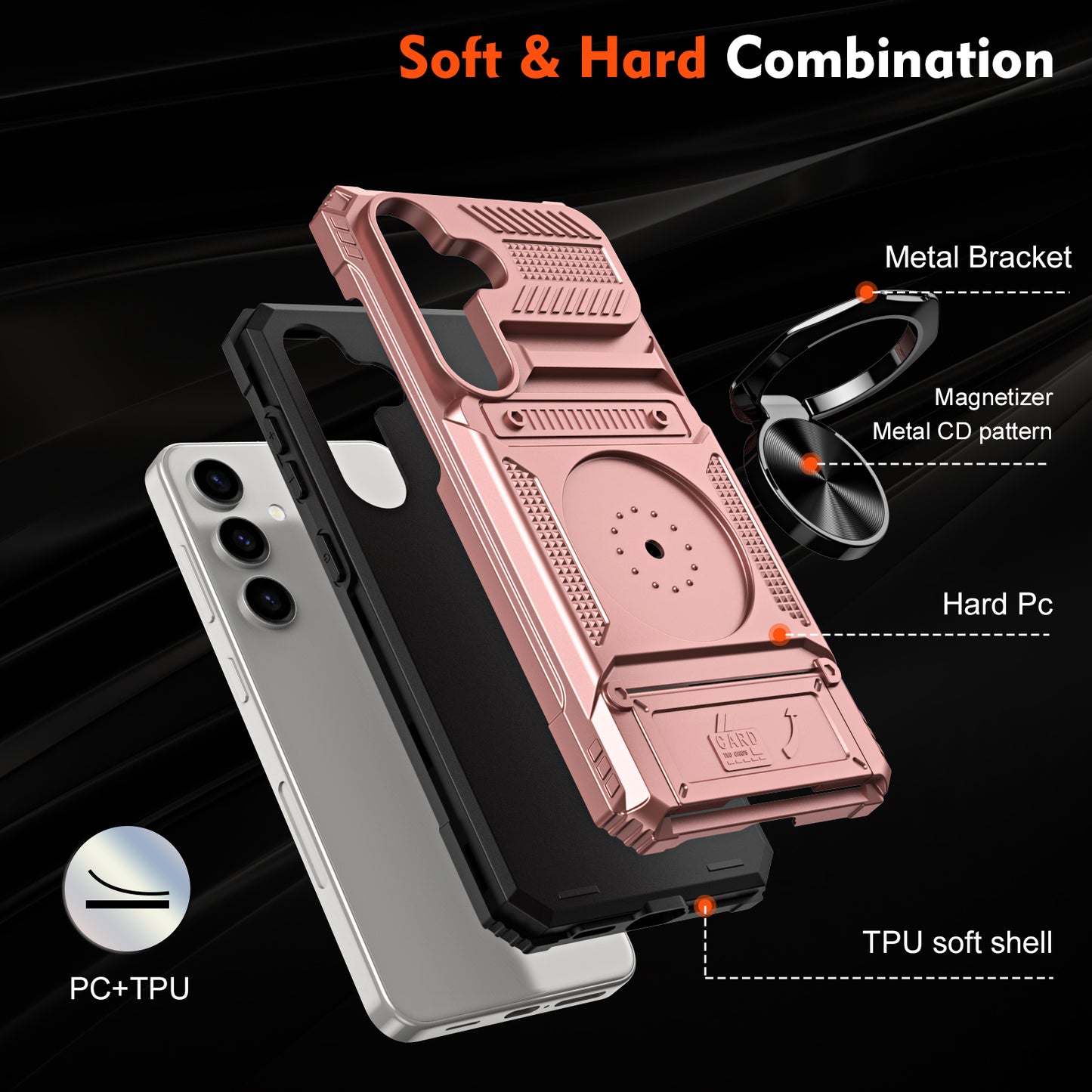 PC+TPU Phone Case for Samsung Galaxy S24 Kickstand Phone Cover Support Magnetic Car Mount - Rose Gold