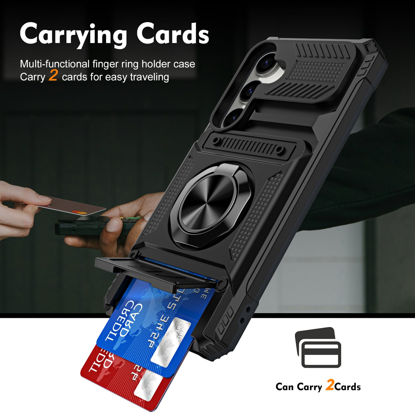 PC+TPU Phone Case for Samsung Galaxy S24 Kickstand Phone Cover Support Magnetic Car Mount - Black