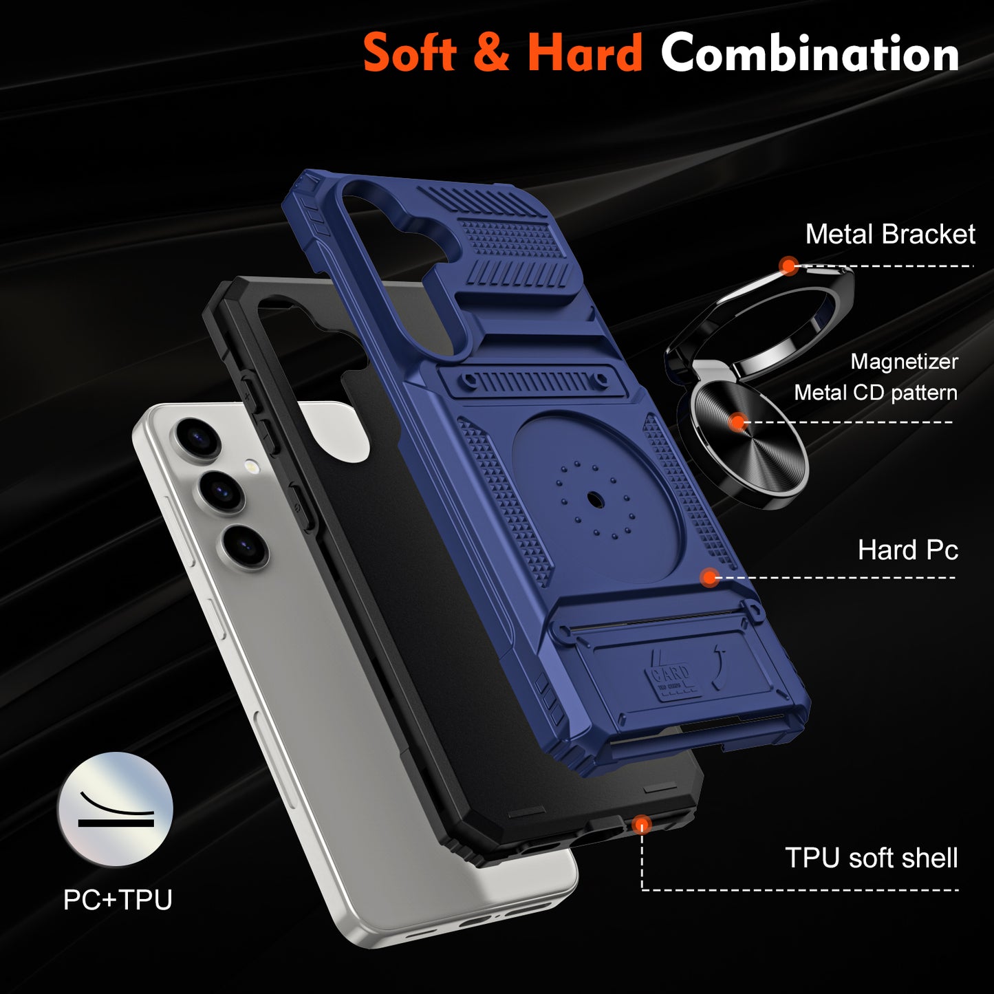 PC+TPU Phone Case for Samsung Galaxy S24 Kickstand Phone Cover Support Magnetic Car Mount - Blue