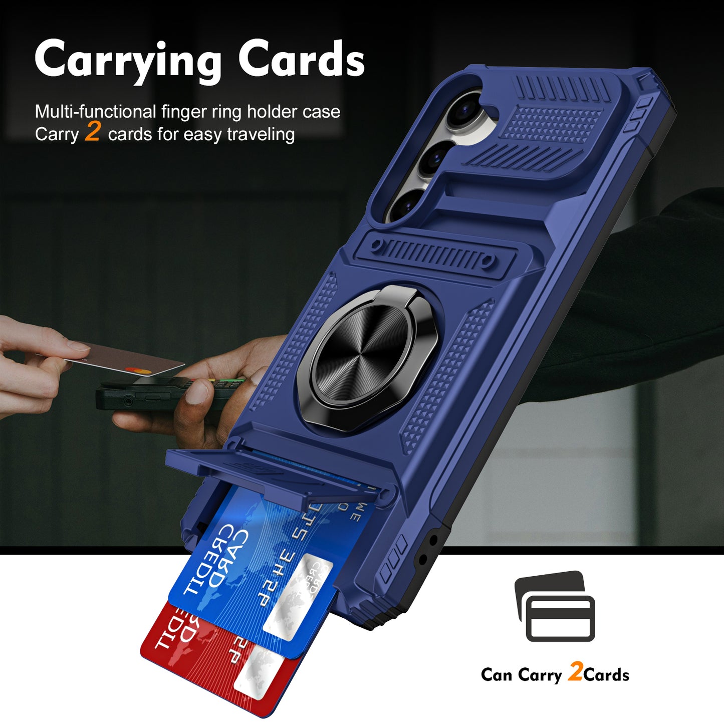 PC+TPU Phone Case for Samsung Galaxy S24 Kickstand Phone Cover Support Magnetic Car Mount - Blue