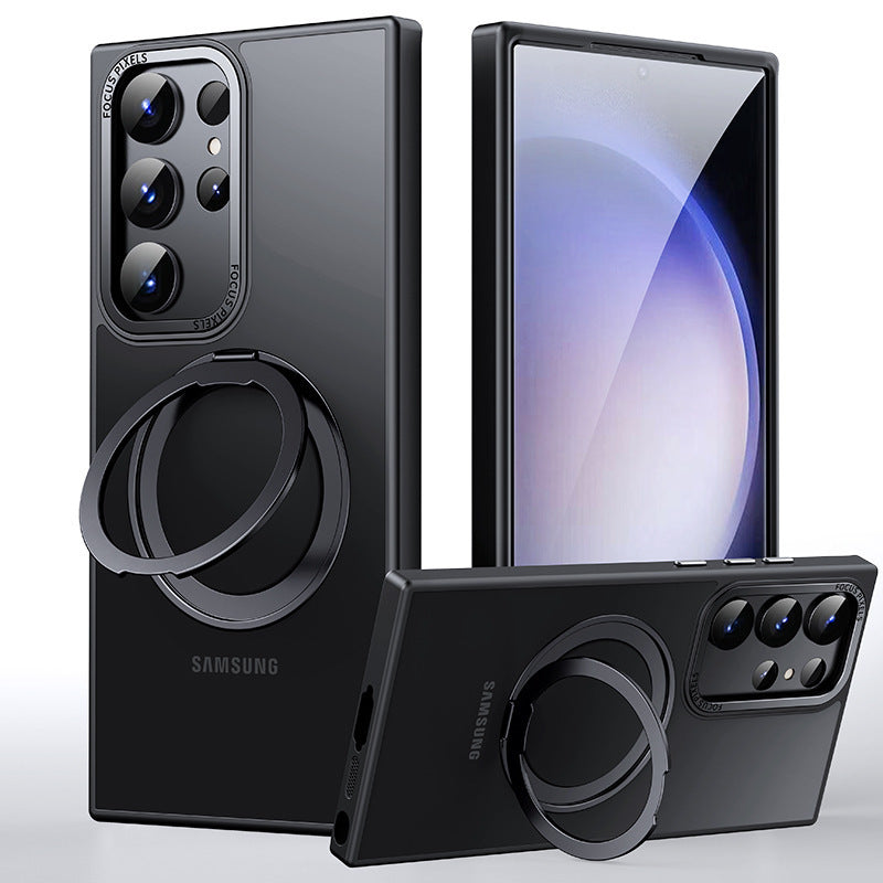 For Samsung Galaxy S24 Ultra Case Magnetic Clear Scratch-proof Phone Cover with Rotary Kickstand - Matte Black