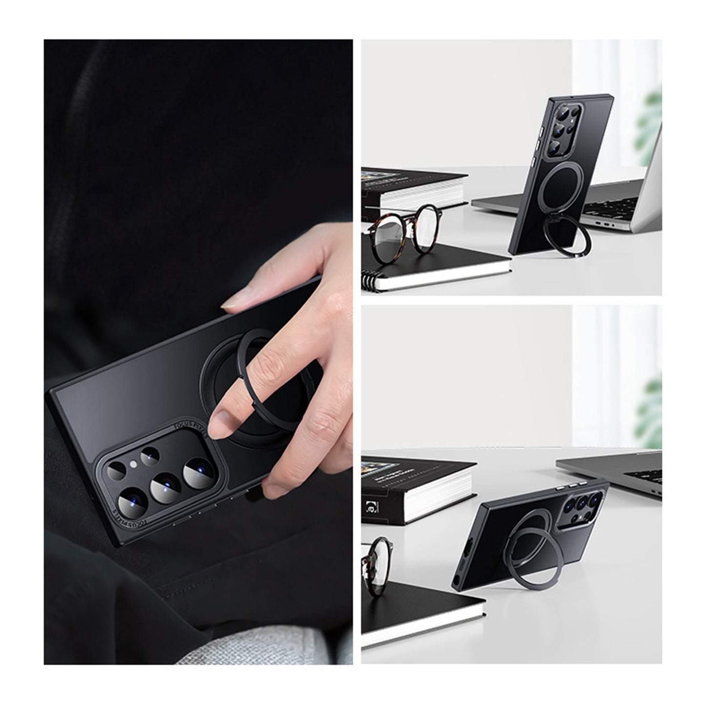 For Samsung Galaxy S24 Ultra Case Magnetic Clear Scratch-proof Phone Cover with Rotary Kickstand - Matte Grey