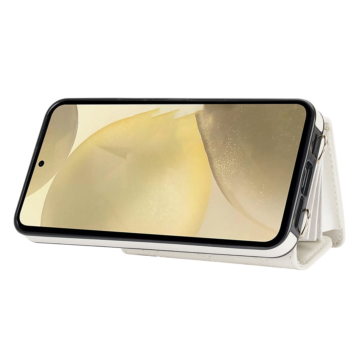 026 For Samsung Galaxy S24 Kickstand Phone Case Rhombus Grid Pattern with 2 Straps - White