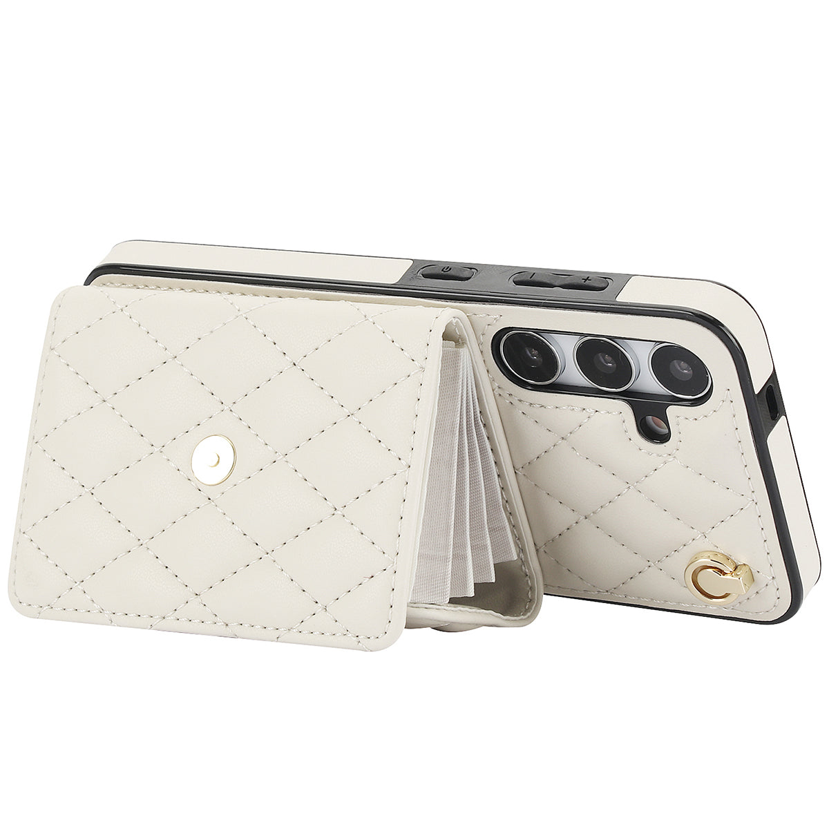 026 For Samsung Galaxy S24 Kickstand Phone Case Rhombus Grid Pattern with 2 Straps - White