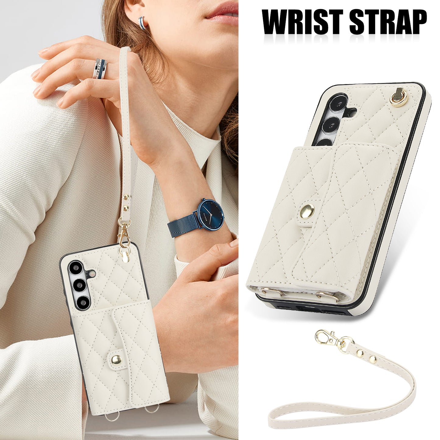 026 For Samsung Galaxy S24 Kickstand Phone Case Rhombus Grid Pattern with 2 Straps - White
