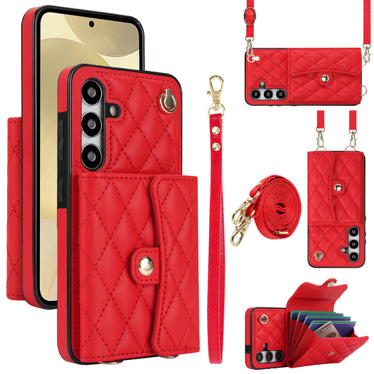 026 For Samsung Galaxy S24 Kickstand Phone Case Rhombus Grid Pattern with 2 Straps - Red