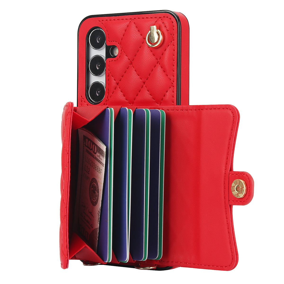 026 For Samsung Galaxy S24 Kickstand Phone Case Rhombus Grid Pattern with 2 Straps - Red