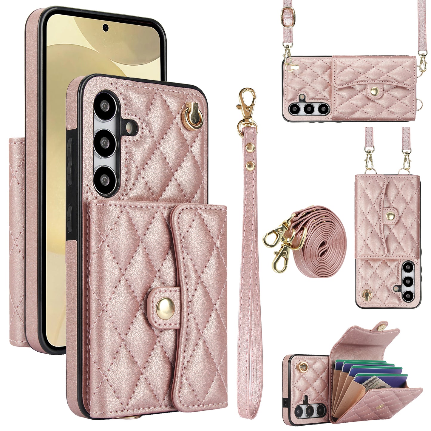 026 For Samsung Galaxy S24 Kickstand Phone Case Rhombus Grid Pattern with 2 Straps - Rose Gold