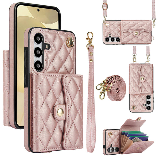 026 For Samsung Galaxy S24 Kickstand Phone Case Rhombus Grid Pattern with 2 Straps - Rose Gold