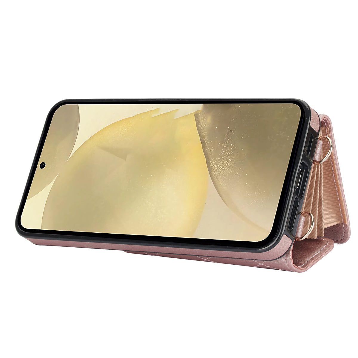 026 For Samsung Galaxy S24 Kickstand Phone Case Rhombus Grid Pattern with 2 Straps - Rose Gold