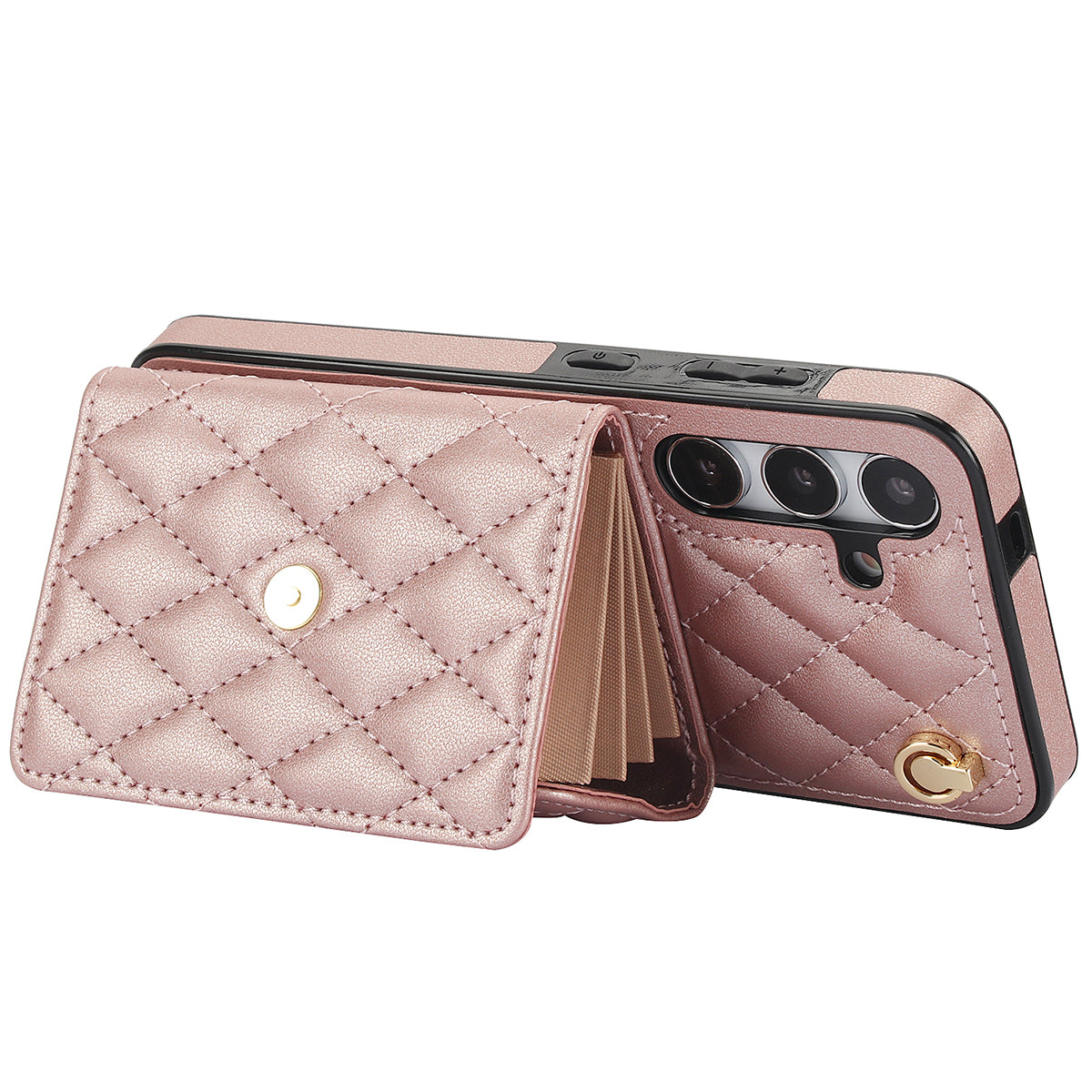026 For Samsung Galaxy S24 Kickstand Phone Case Rhombus Grid Pattern with 2 Straps - Rose Gold