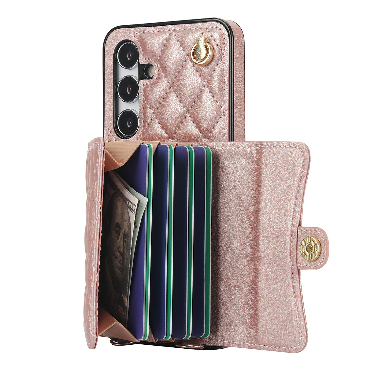 026 For Samsung Galaxy S24 Kickstand Phone Case Rhombus Grid Pattern with 2 Straps - Rose Gold