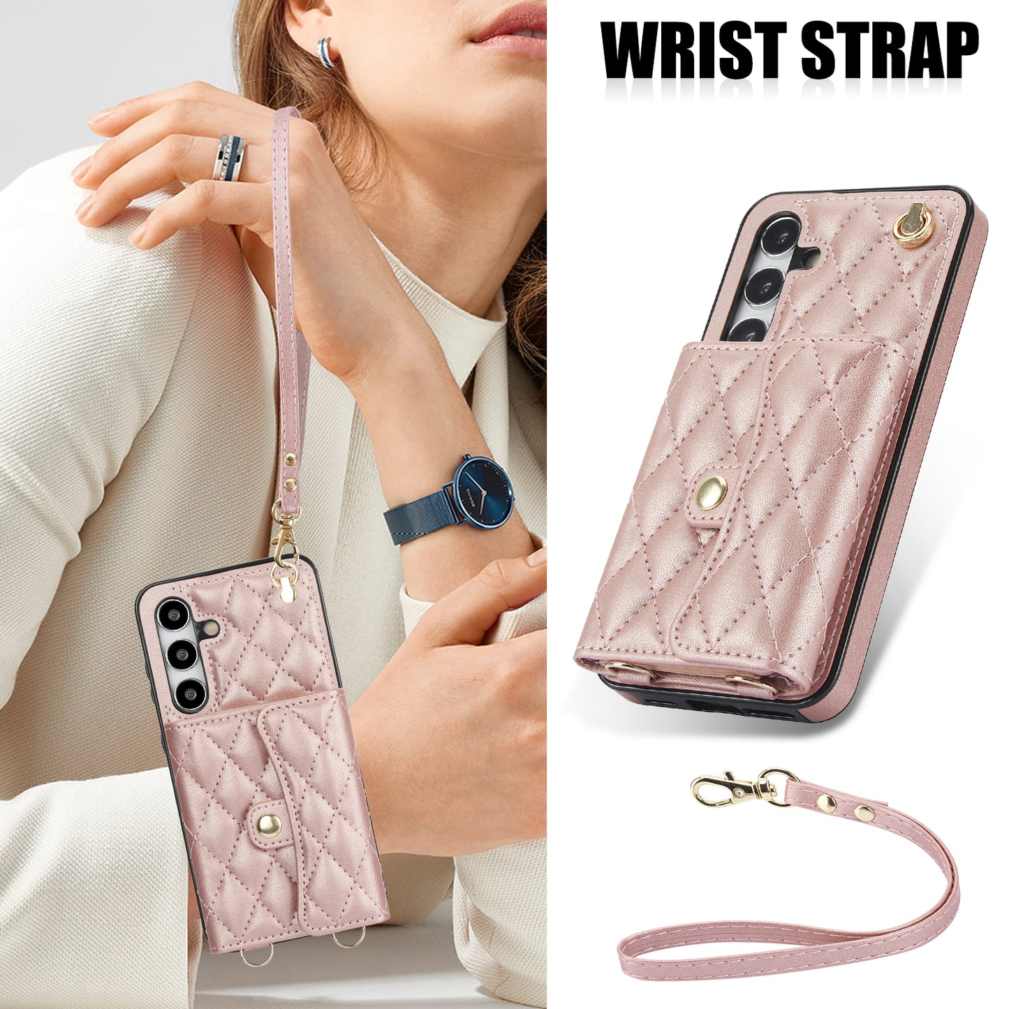026 For Samsung Galaxy S24 Kickstand Phone Case Rhombus Grid Pattern with 2 Straps - Rose Gold