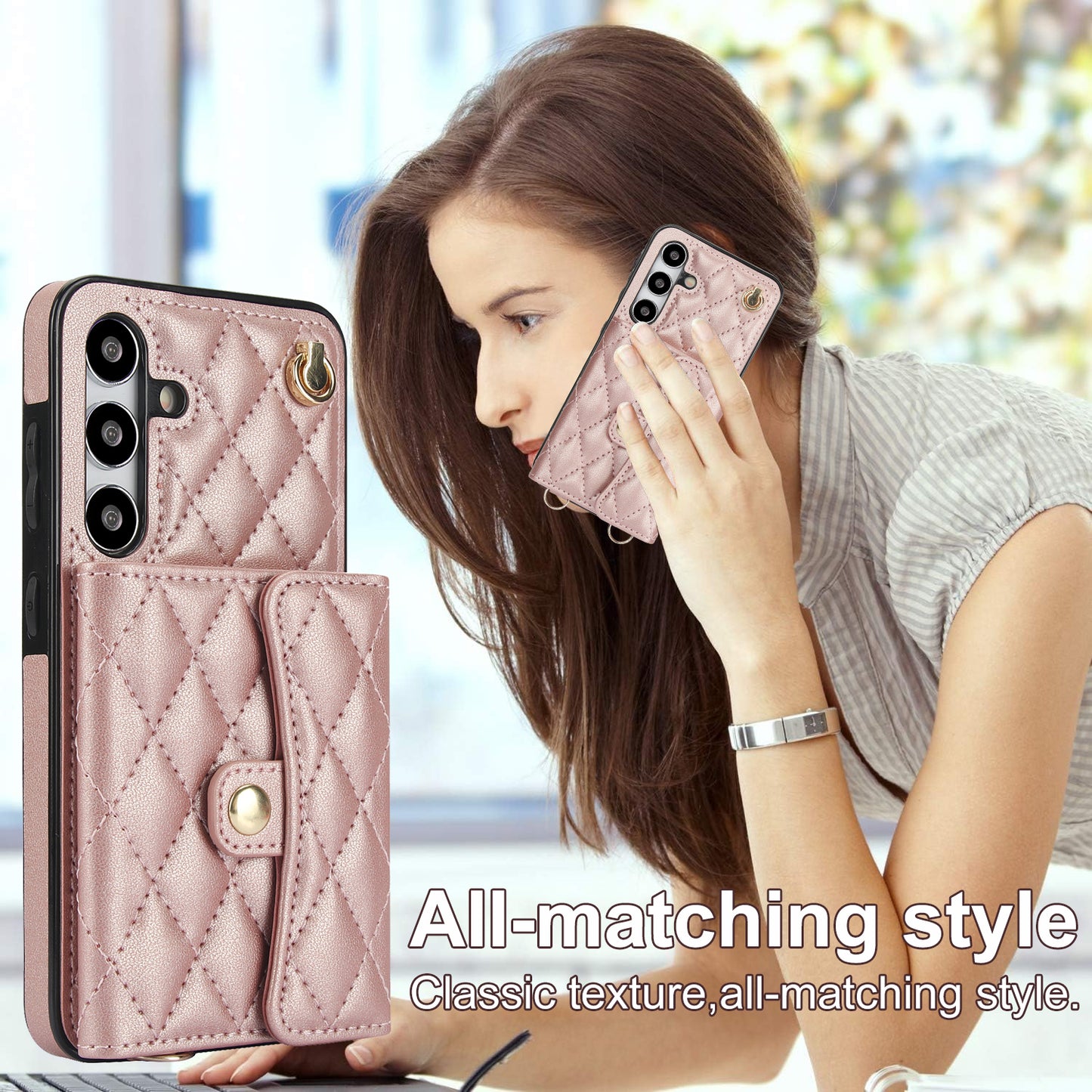 026 For Samsung Galaxy S24 Kickstand Phone Case Rhombus Grid Pattern with 2 Straps - Rose Gold