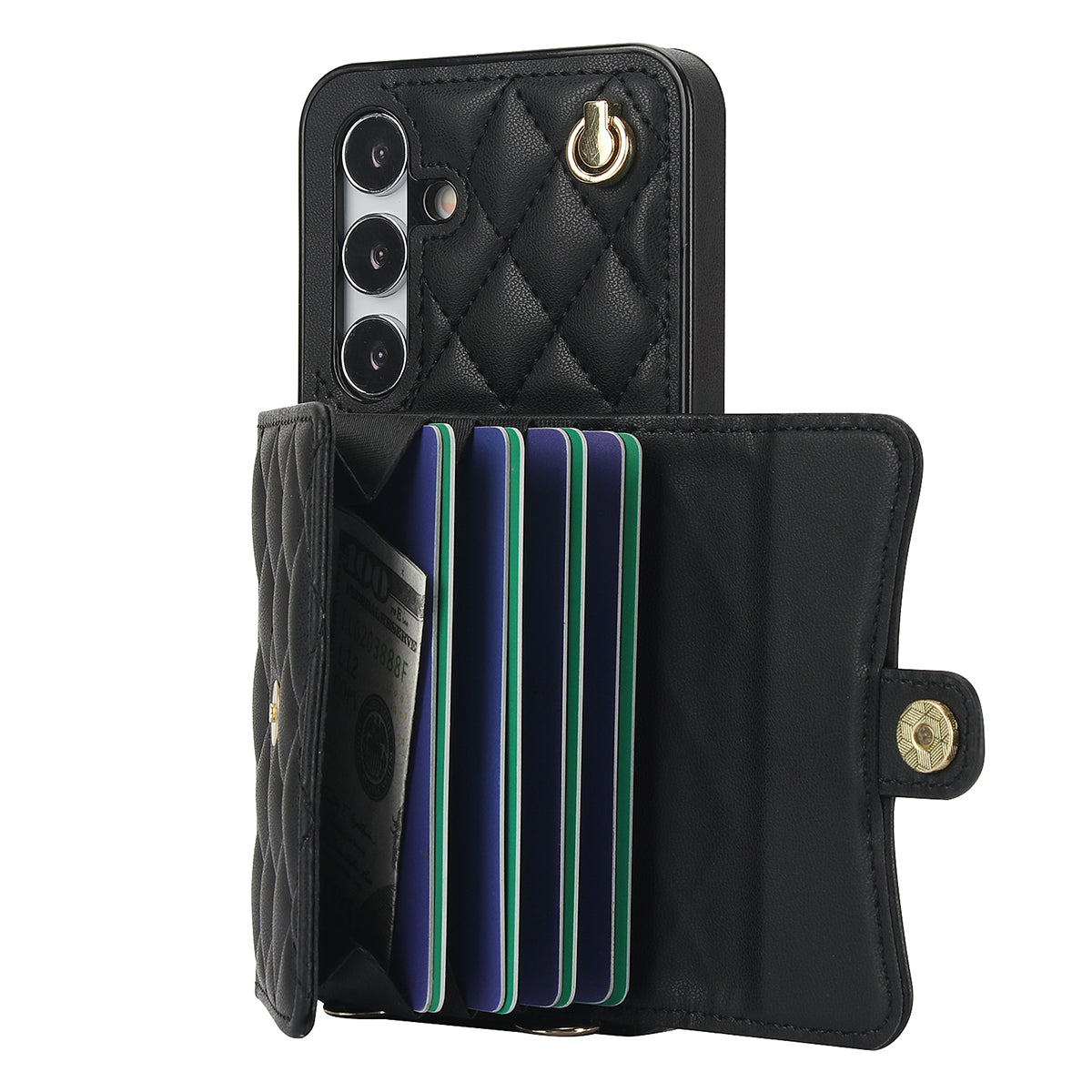 026 For Samsung Galaxy S24+ Card Case Leather Coated TPU Phone Cover with 2 Straps - Black