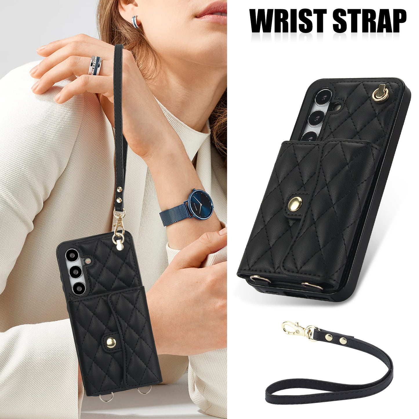 026 For Samsung Galaxy S24+ Card Case Leather Coated TPU Phone Cover with 2 Straps - Black