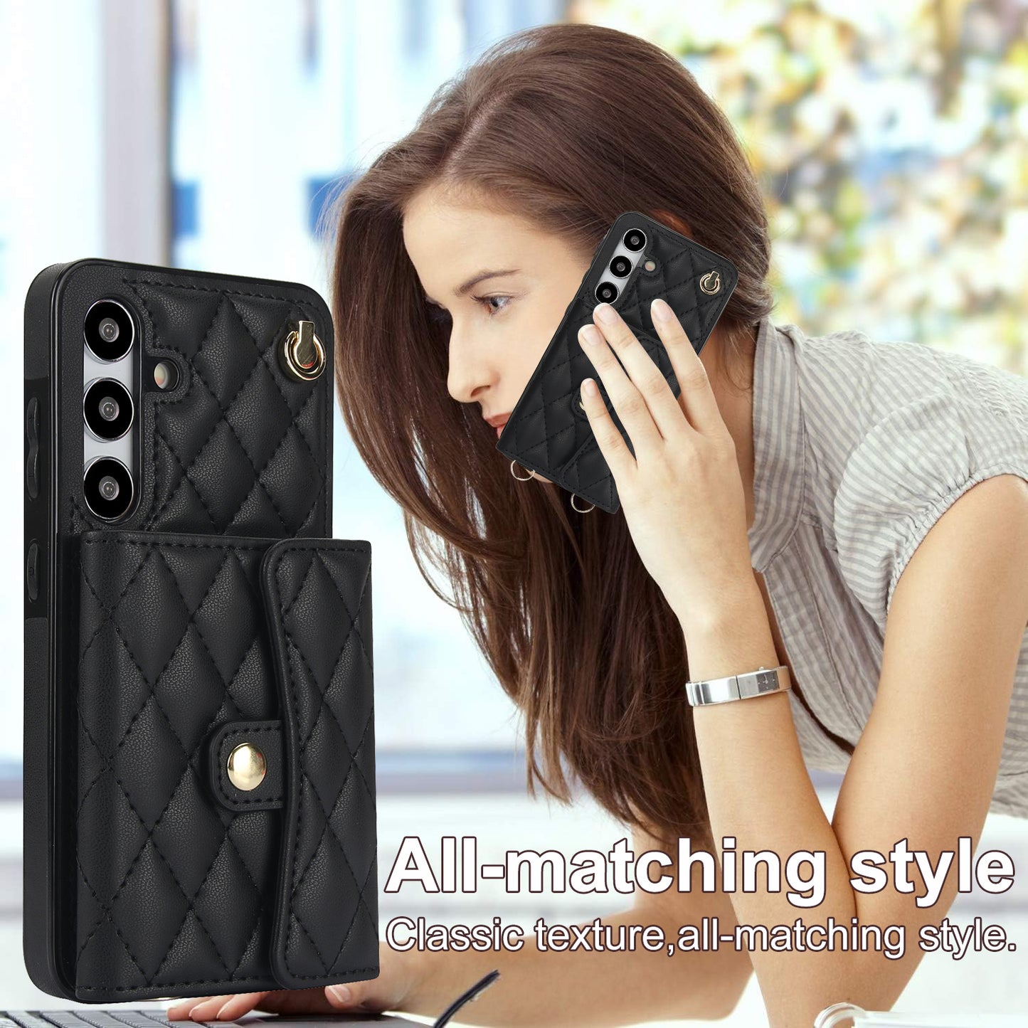 026 For Samsung Galaxy S24+ Card Case Leather Coated TPU Phone Cover with 2 Straps - Black